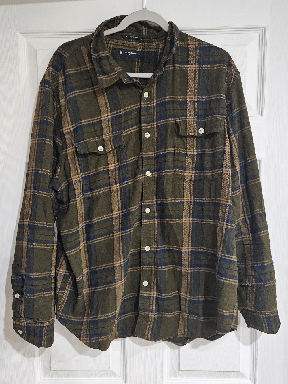 Lucky Brand Shirt Classic Fit Men's XL Green Plaid Western Flannel Button Up